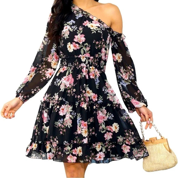 New Women’s One Shoulder Floral Dress Smocked Waist - Picture 1 of 7